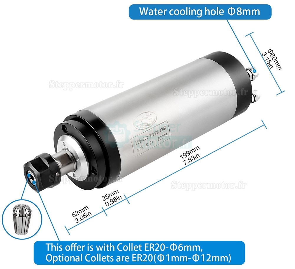 2,5kW 220V/380V Kit moteur de broche refroidi par eau Huajiang-2.2+H100-2.2C2/S2/T4 avec variateur de fr&eacute;quence et pompe &agrave; eau et 13 pi&egrave;ces pinces ER20 et support